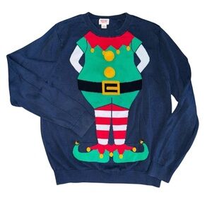UGLY CHRISTMAS SWEATER MENS MEDIUM MOSSIMO ELF THIN BLUE SWEATER W/BELLS